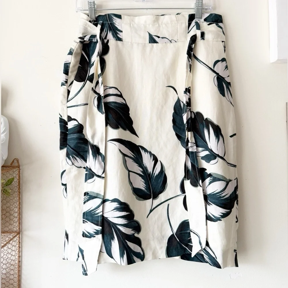 Ann Taylor Ivory Teal Leaves Linen Blend Tie Waist Pencil Skirt Size 8 Petite - Picture 8 of 16